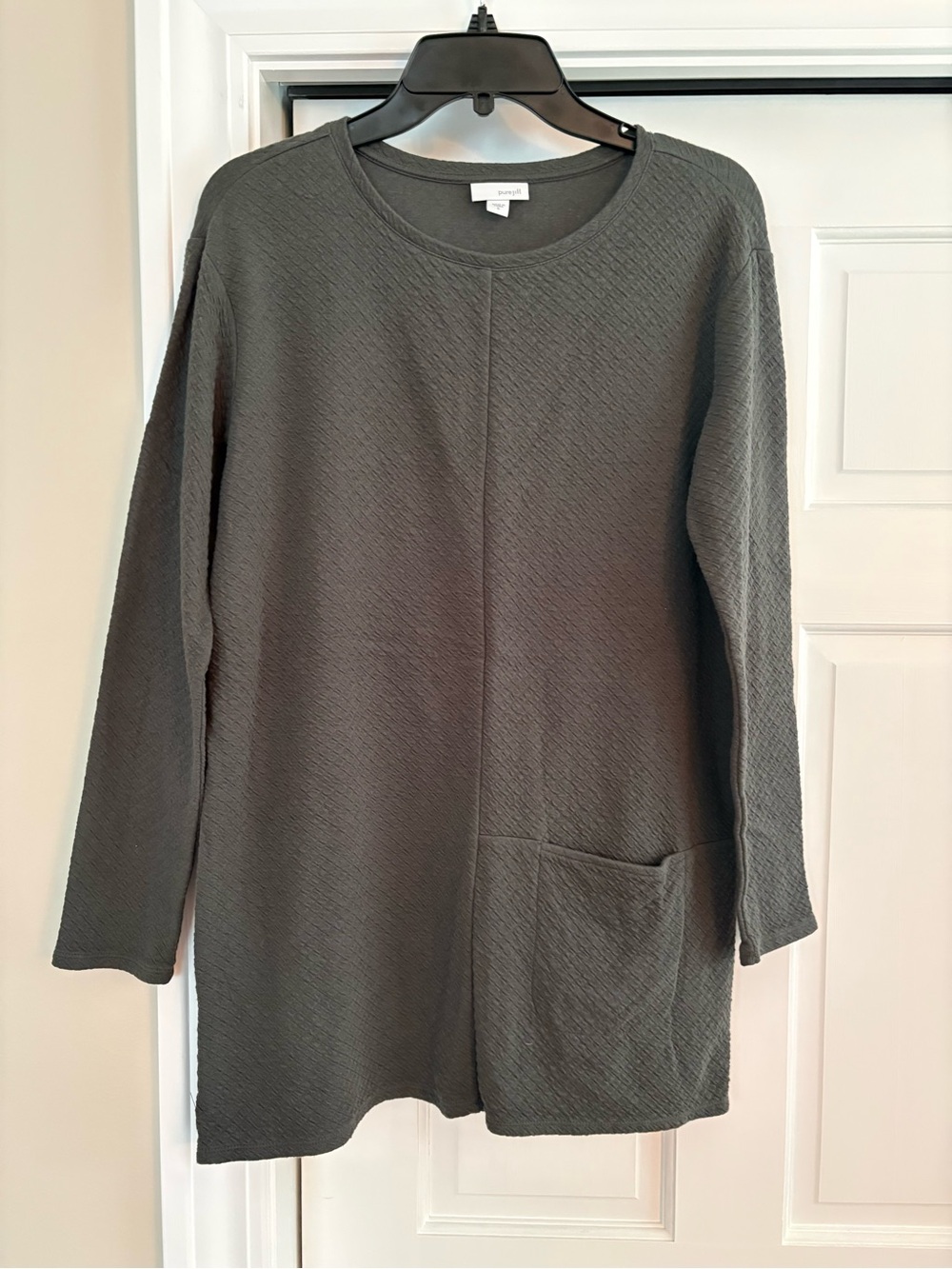 Pure Jill Long Sleeve Olive Textured Long Top with Front Pocket